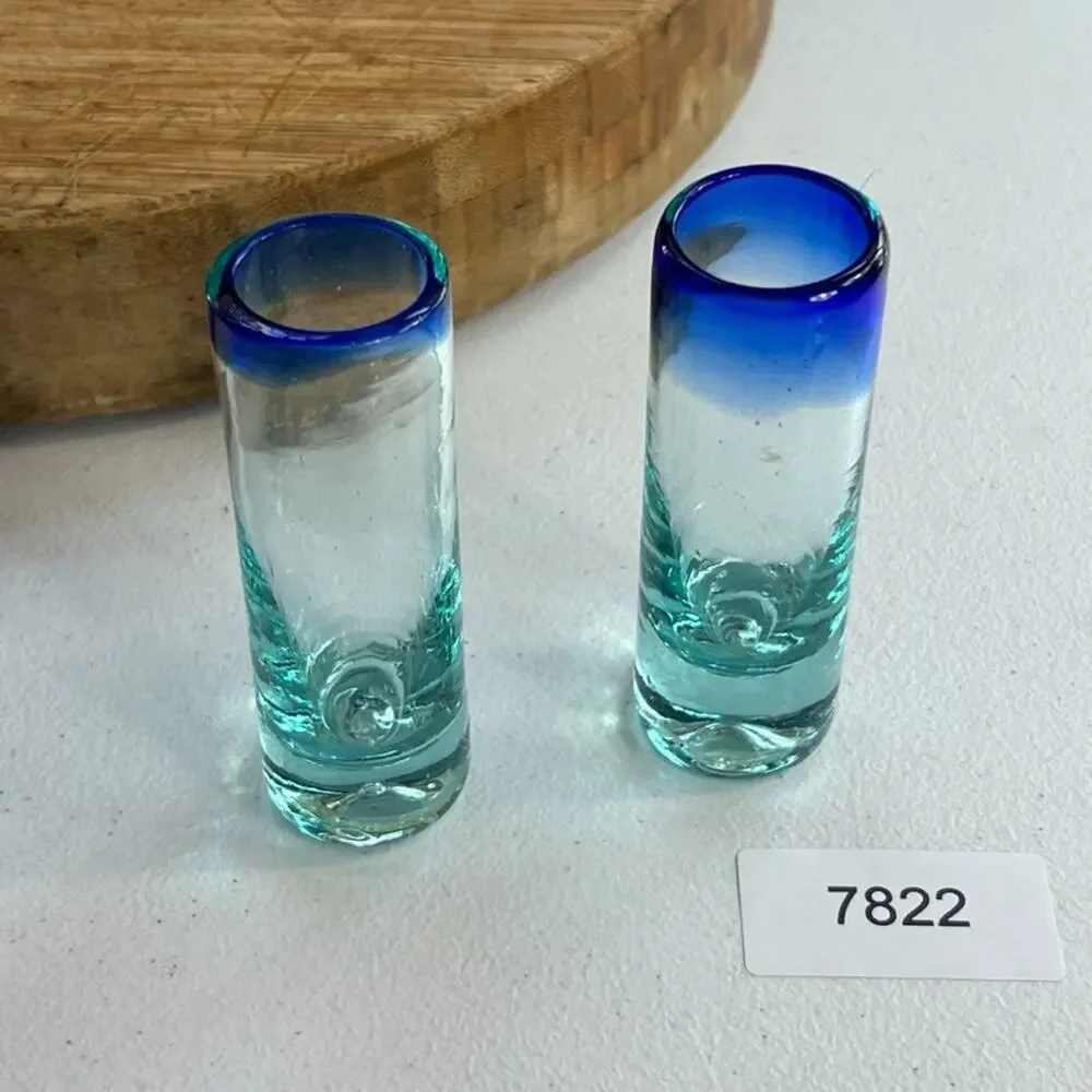 Glass Blown Shot Glasses Cobalt Blue Rim Thick Glass Set of 3 holds 2 ozs